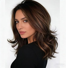 Women Dark Brown w/Gold Highlight Ombre Shoulder Length Curly Hair Wig-  