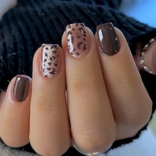 Press on Nails - Short Square Fake Nails with Fall Brown Cheetah, 10012Brown