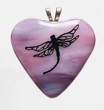 Handcrafted Fused Glass Purple Pink Dragonfly Heart Pendant