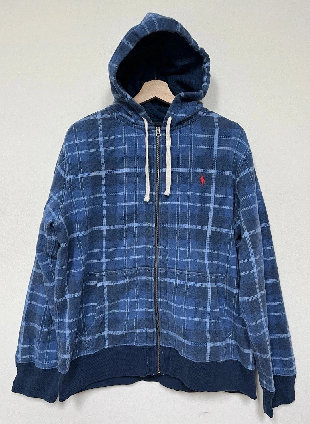 RALPH LAUREN Blue Plaid Zip Hoodie Thermal Lining Red Pony Men's XL