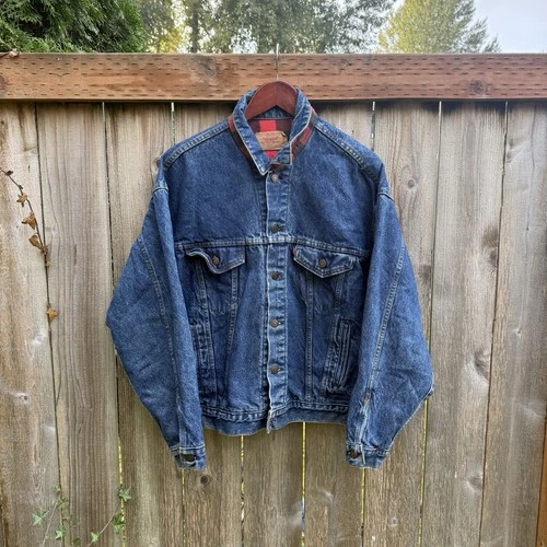 vintage 80s levis 70417 0814 buffalo plaid lined denim trucker jacket large video thumbnail