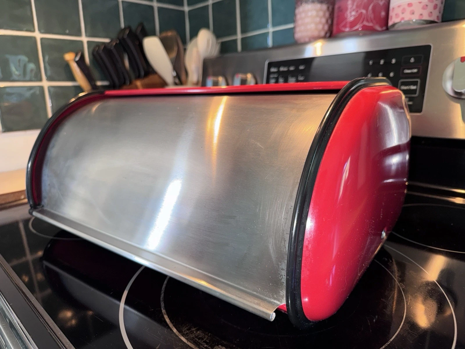 Vintage Red Stainless Steel Roll Top Lid Bread Box 17 x 10 x 7 Storage Retro