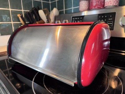 Vintage Red Stainless Steel Roll Top Lid Bread Box 17 x 10 x 7 Storage Retro
