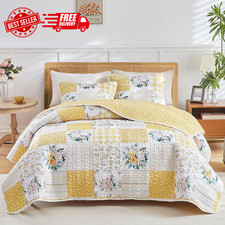 3 Pieces Floral Patchwork Quilt Set Queen, Yellow n White Flowers Design, Sof...