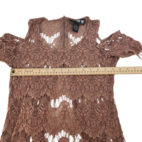Camicia pizzo marrone donna media spalla fredda vedere attraverso boho uncinetto senza schiena - Foto 14 di 15
