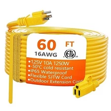  Outdoor Extension Cord 60 Foot Waterproof, 16/3 Gauge Flexible 60 FT Yellow