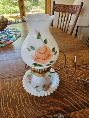 Vintage Milk Glass Floral Painted Hurricane Table Lamp 10 1/2