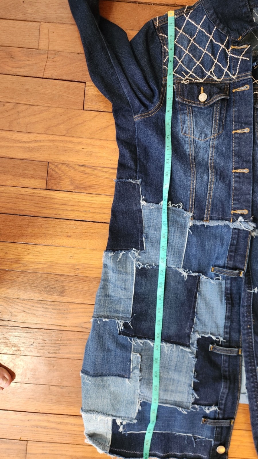 Upcycled Midi Denim Patchwork & Rhinestone Coat J… - image 15