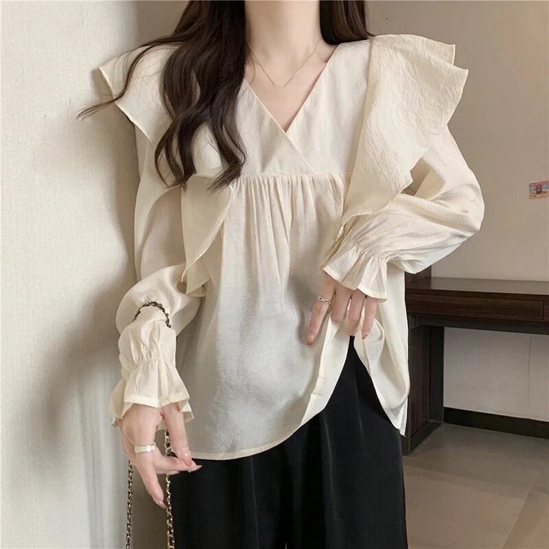 v neck puff long sleeve loose blouse