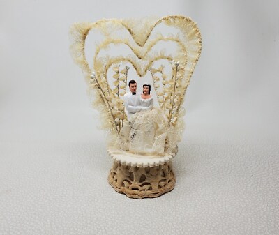 Vintage Fifties Bride and Groom Wedding Cake Topper with Lace Heart Shape Arch