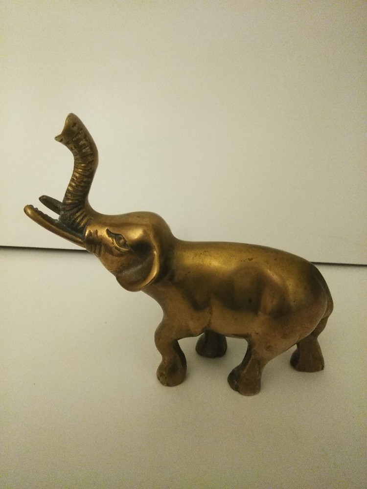 Solid Brass Elephant Figurine Trunk Up 5'' long x 4.5'' tall