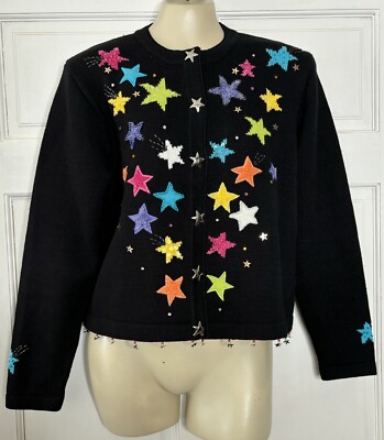 Jack B Quick Black Cardigan Stars Embroidered Beaded Multi-Color Medium Petite