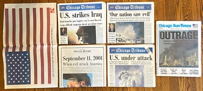 5 Vintage Chicago Newspapers, Sept 11, 2001 & Related, Plus Poster, Excellent