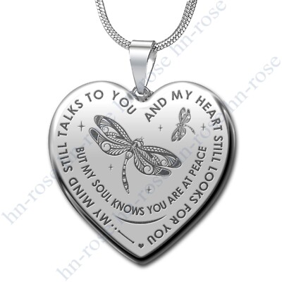 My Mind Still Talks To You, Dragonfly Gift Engraved Heart Necklace For Women Mom