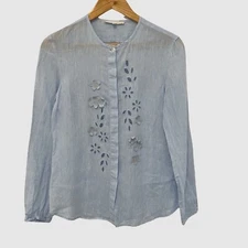 Martina Venti Dodici Blue Linen Collarless Button Up Blouse IT40 ($335)