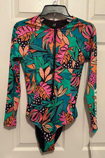 NEW Hurley Womens Long Sleeve One Piece Swimsuit Rash Guard Leaf Pattern Size M