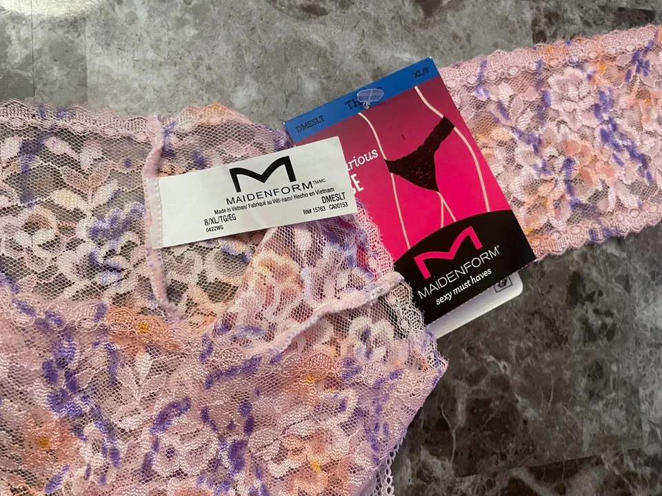 NUEVO CON ETIQUETAS BRAGAS TANGA DE ENCAJE FLORAL MELOCOTÓN ROSA MORADO MAIDENFORM Foto 2 de 3