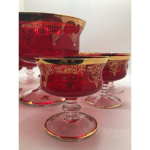 Raro Compote Pequeño Vidrio Soplado a Mano Rubí y Oro Años 50 y 8 Tazas de Postre. - Imagen 3 de 6