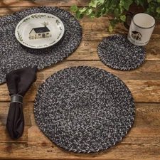 2 Spice Bin Pepper Black Grey Country Cottage Braided Placemats 15" Rnd