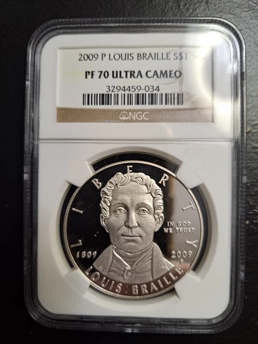2009 P LOUIS BRAILLE COMMEMORATIVE PROOF SILVER DOLLAR NGC PF70 BROWN LABEL 