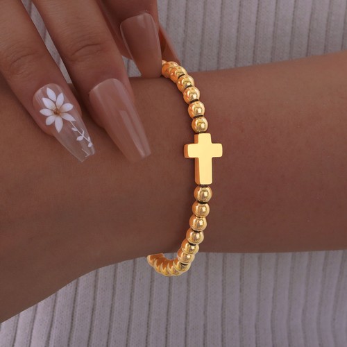 VNOX Women 14K Gold Beaded Charm Bracelets Stackable Cross Non Tarnish Jewelry - Picture 4 of 20