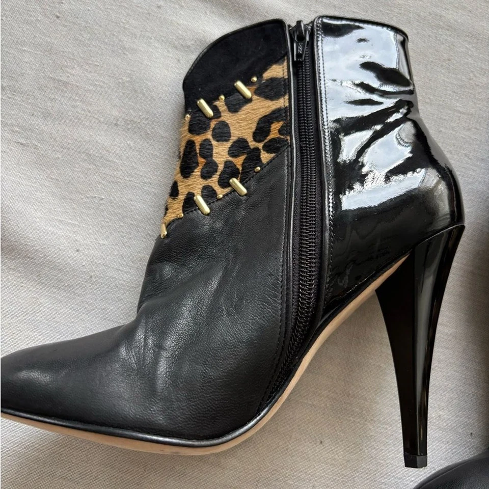 Botines de cuero negro Beverly Feldman Chaos pelo de becerro de leopardo 6,5 Foto 3 de 4