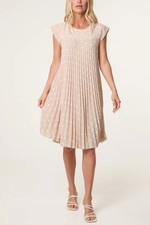 MADE IN ITALY POLKA DOT CAP SLEEVE PLEATED MINI DRESS STONE ONE SIZE 8-16 (REF R