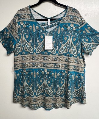 Bally Millie Teal Paisley Short Sleeve V Neck Tee Size XXL