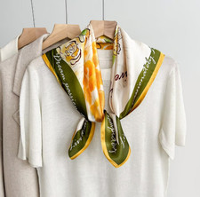 100 Mulberry Silk Scarf Green letter Print Square Bandann 70X70cm Shawl wrap