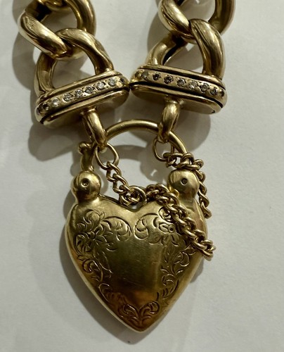 9ct Yellow Gold And Diamond Rounded Curb Bracelet Heart Padlock 55.91 Grams - Picture 4 of 4