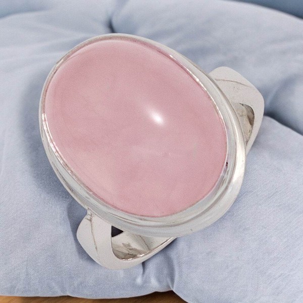 Damen Ring 925 Sterling Silber Rhodiniert 1 Rosenquarz Cabochon Rosa Silberring-image