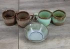 Vintage Frankoma Pottery Mug Lot Prairie Green Brown Glaze + Small Bowl Set