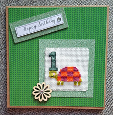 Handmade 1st Birthday Card Hand Stitched Turtle & 1  Wooden Embellishment