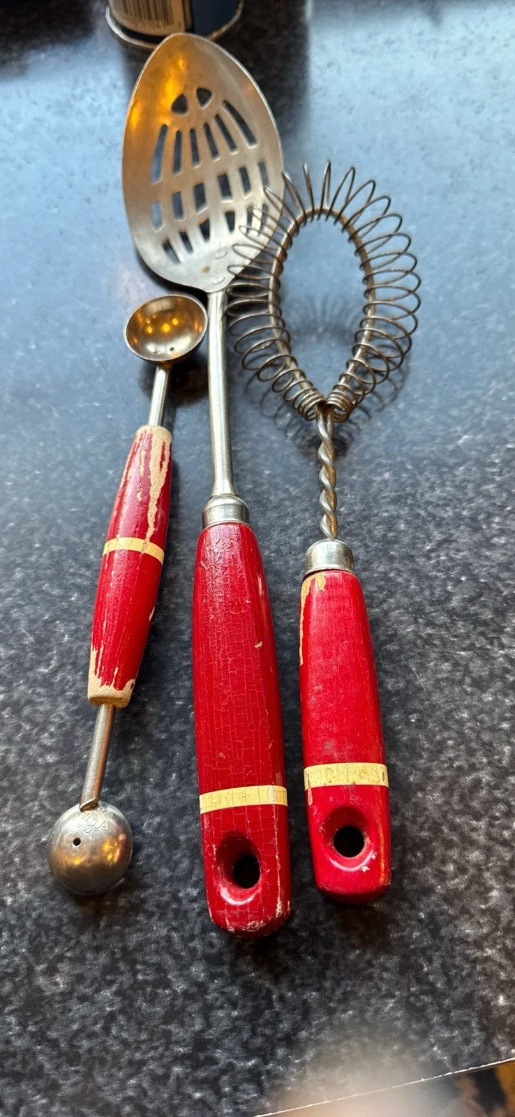 A&J Kitchen Utensils Red White Wood Handles 3 Pieces Vintage Whisk Scooper Spoon