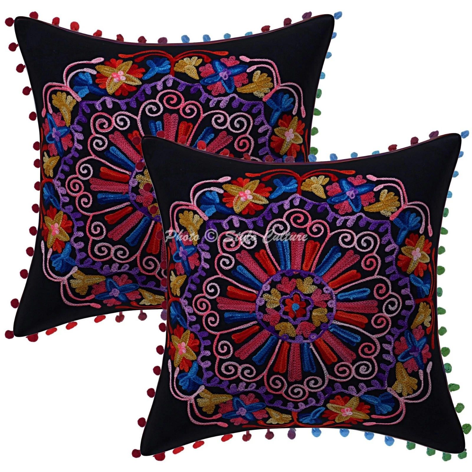 Suzani Embroidered Pom Pom Throw Pillow Covers Cotton Boho Black Floral 40x40 cm
Opens in a new wind