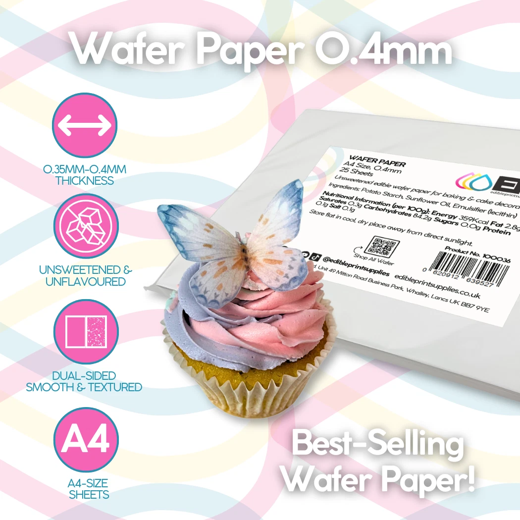 EPS A4 Oblatenpapier 0,4 mm (Reispapier) für essbaren Druck & Kuchen (25 Blatt)