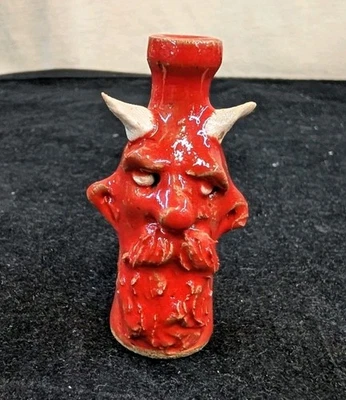 TIM WHITTEN Primitive Folk Art Pottery Red Devil Face Elongated Spout Mini Jug - Image 1 of 4