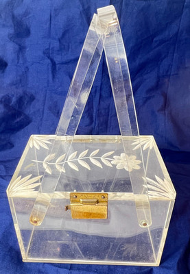 1950's Clear Lucite Purse Carved Flower Box Style Ladies Handbag Double Handle