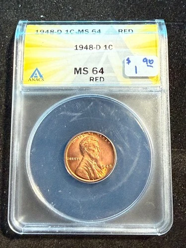 1948 D LINCOLN WHEAT CENT ANACS MS 64 RD 142