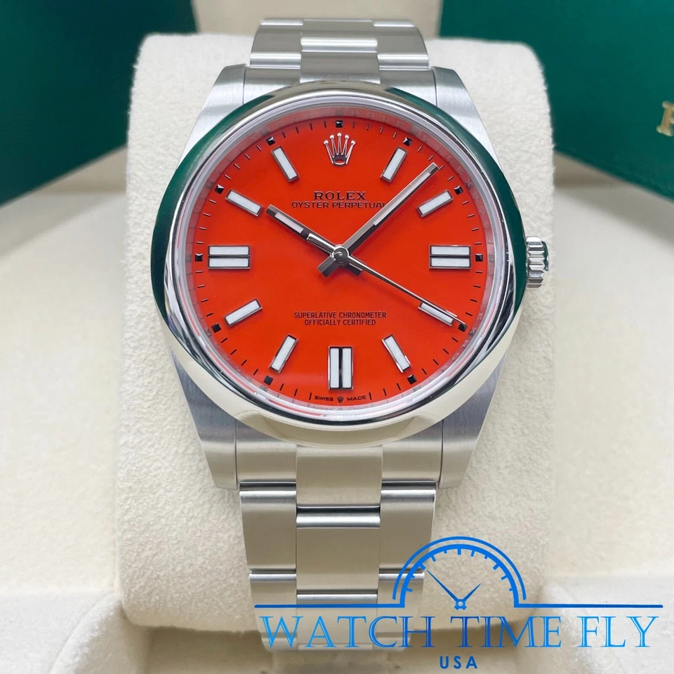 Rolex Oyster Perpetual 41mm 124300 Coral Red Dial Stainless Steel Oyster Band