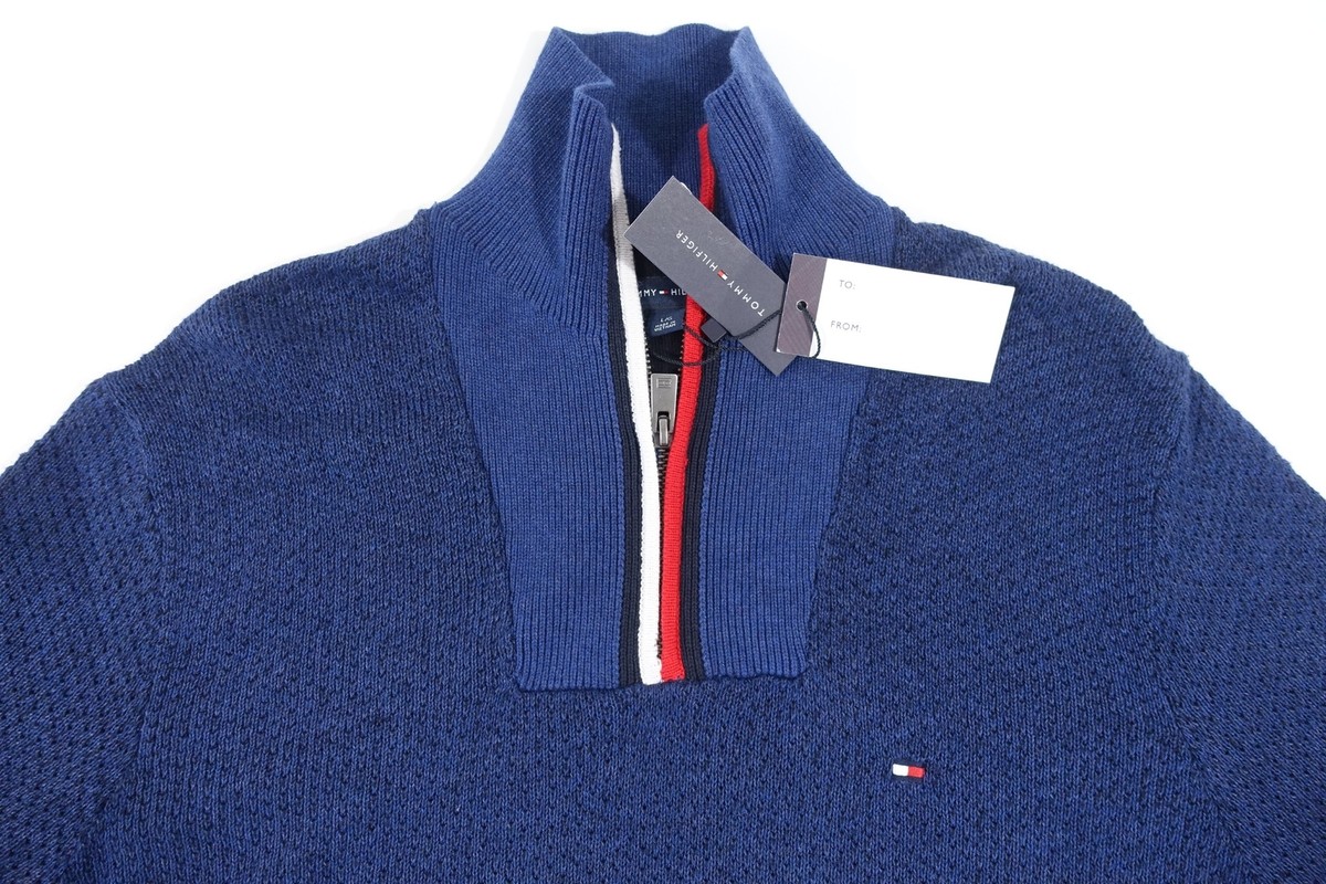 TOMMY HILFIGER 78J6537 NAVY BLUE WOVEN HALF ZIP MOCK NECK SWEATER  