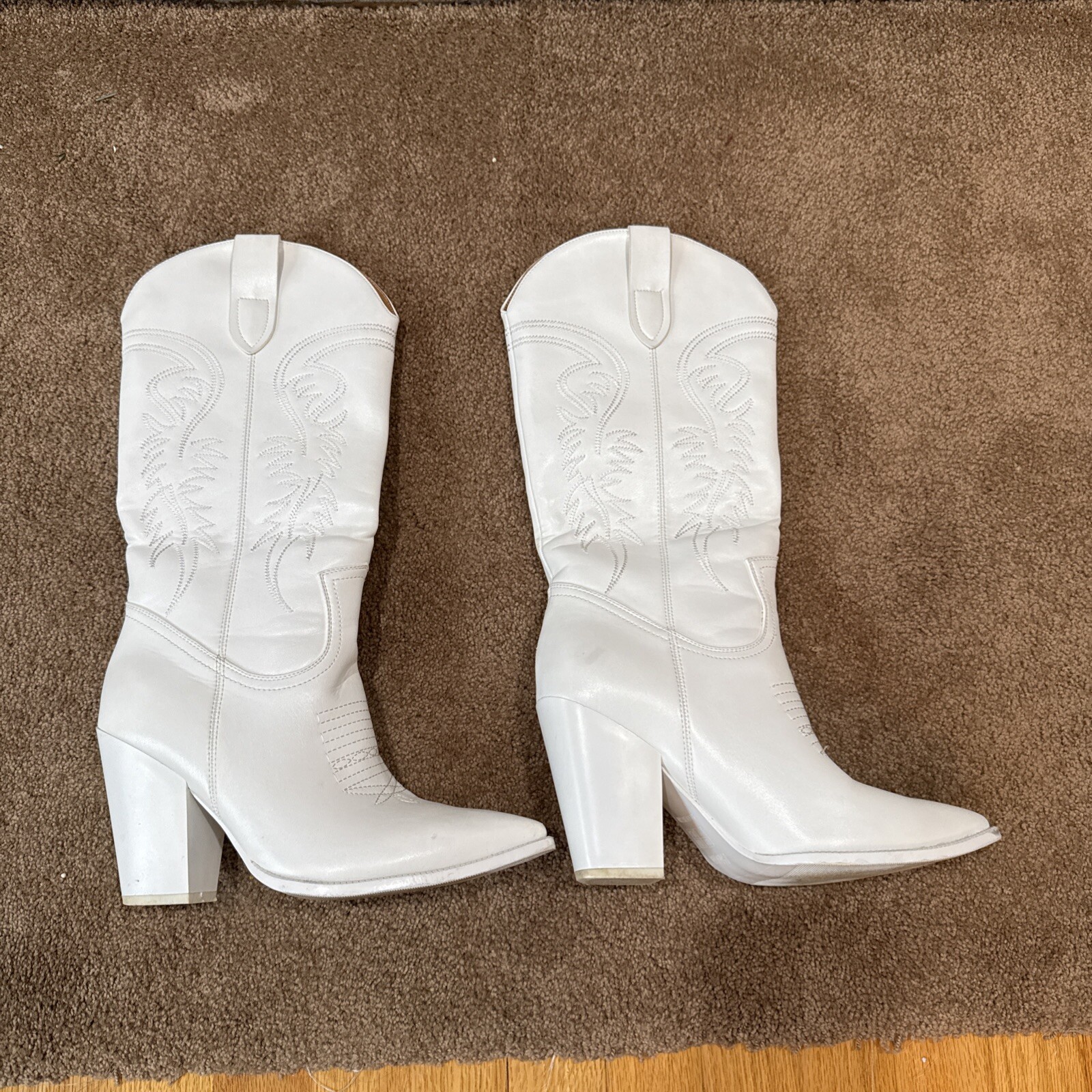 ISNOM Womens White Western Cowgirl Boots Mid Calf Heel Embroidery