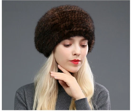 Women's Real Mink Fur Hat Beret Winter Warm Beanie Cap Headwear Brown Wine Black - Picture 4 of 25