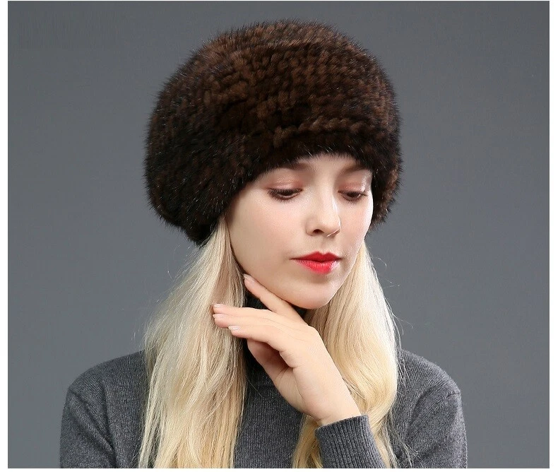 Women's Real Mink Fur Hat Beret Winter Warm Beanie Cap Headwear Brown Wine Black - Image 4 of 4