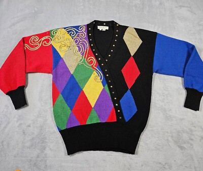 Vintage Antonella Preve V-neck Argyle Sweater Womens S 80's Bold Print Embellish