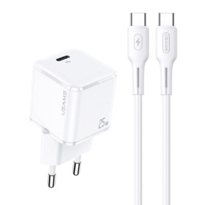 USAMS YJ 25W QC 3.0 Quick Wall Charger + C-zu-C 100W PD Data Cable Universal