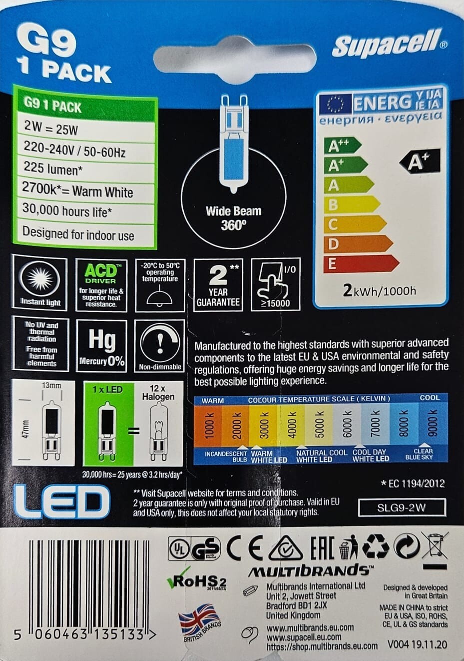 Supacell Digital electronics G9 2W Warm White 225lm Light FREE 