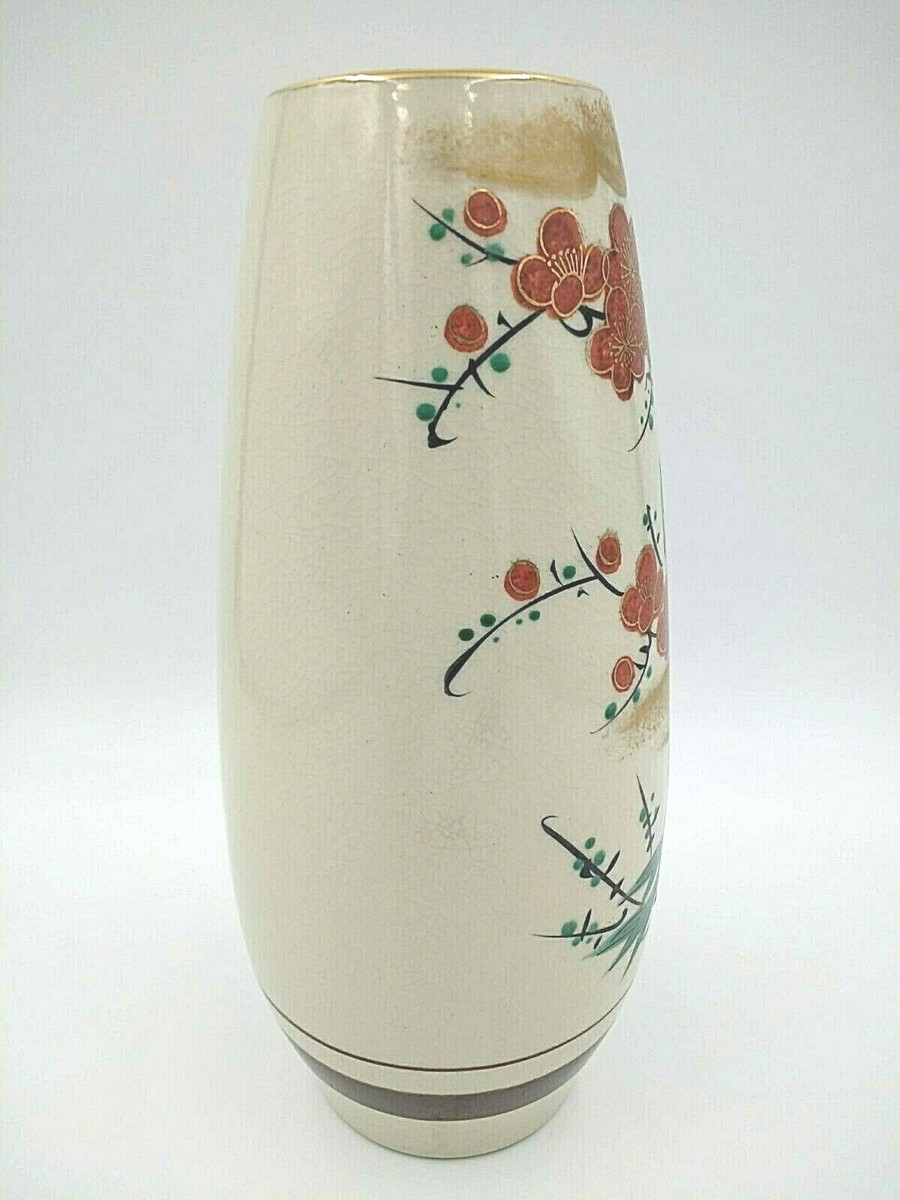 Japanese Kutani Prunus Blossom Crackle Glaze Porcelain Flower Vase