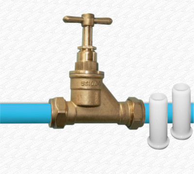 Messing 20 mm Absperrhahn Hahn für blaues MDPE Wasserhauptrohr mit 2 x Rohreinlagen