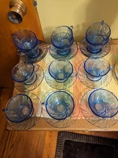 12 French Vintage Duralex Blue Swirl Glass Cups With Saucers